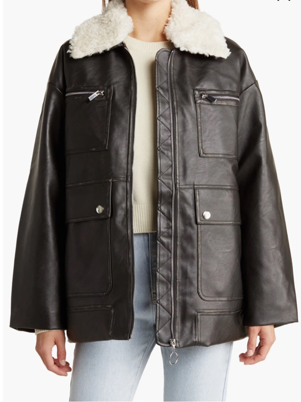 WeWoreWhat Faux Shearling Collar Zip Jacket